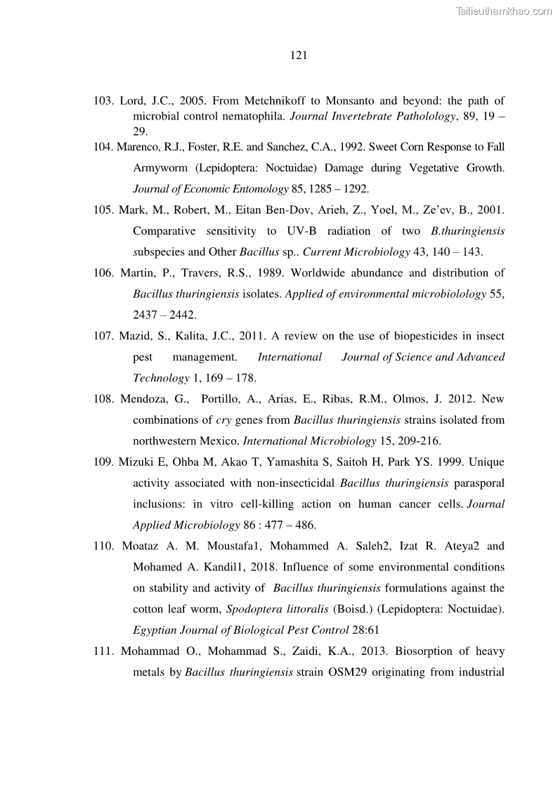 Luận án tiến sĩ bảo vệ thực vật Nghiên cứu sự đa dạng và độc tính của vi khuẩn Bacillus thuringiensis var. kurstaki trên sâu ăn lá hại rau ở Việt Nam - 13 Trang 147
