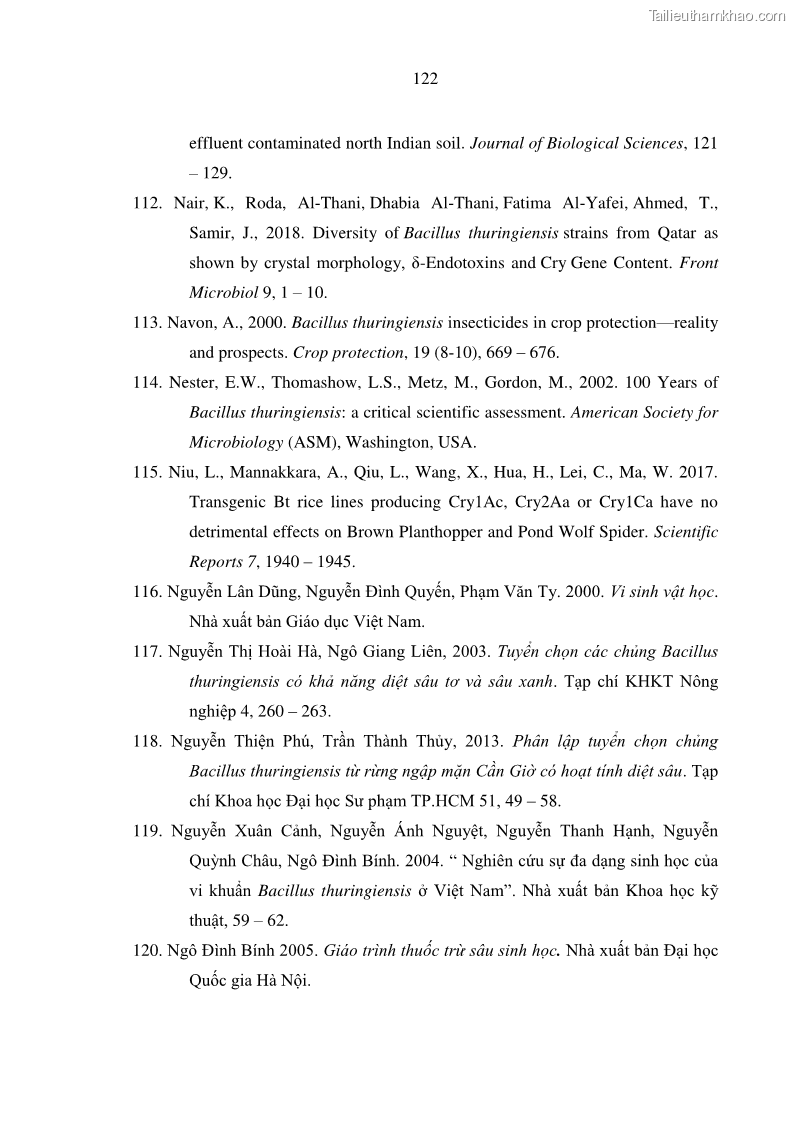 Luận án tiến sĩ bảo vệ thực vật Nghiên cứu sự đa dạng và độc tính của vi khuẩn Bacillus thuringiensis var. kurstaki trên sâu ăn lá hại rau ở Việt Nam - 13 Trang 148