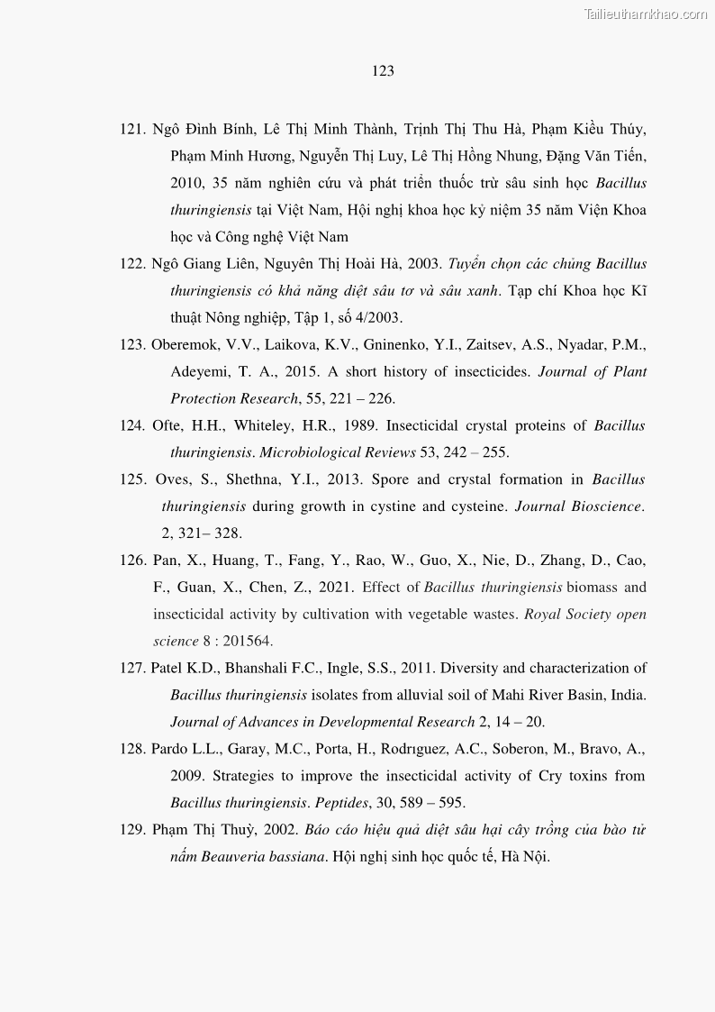 Luận án tiến sĩ bảo vệ thực vật Nghiên cứu sự đa dạng và độc tính của vi khuẩn Bacillus thuringiensis var. kurstaki trên sâu ăn lá hại rau ở Việt Nam - 13 Trang 149