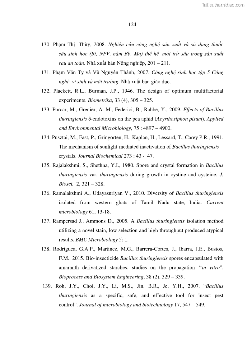 Luận án tiến sĩ bảo vệ thực vật Nghiên cứu sự đa dạng và độc tính của vi khuẩn Bacillus thuringiensis var. kurstaki trên sâu ăn lá hại rau ở Việt Nam - 13 Trang 150