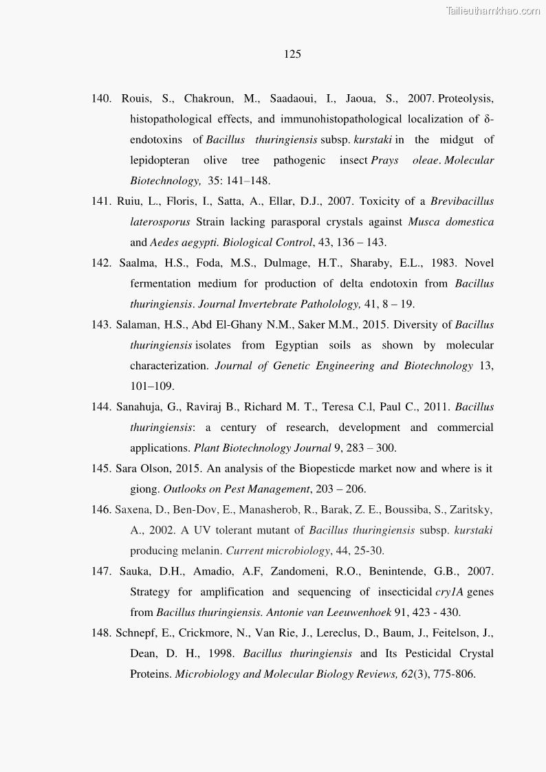 Luận án tiến sĩ bảo vệ thực vật Nghiên cứu sự đa dạng và độc tính của vi khuẩn Bacillus thuringiensis var. kurstaki trên sâu ăn lá hại rau ở Việt Nam - 13 Trang 151