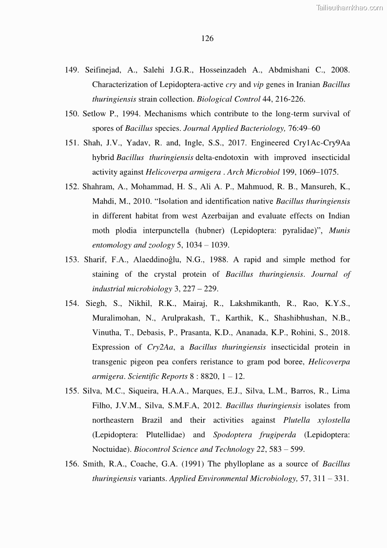 Luận án tiến sĩ bảo vệ thực vật Nghiên cứu sự đa dạng và độc tính của vi khuẩn Bacillus thuringiensis var. kurstaki trên sâu ăn lá hại rau ở Việt Nam - 13 Trang 152