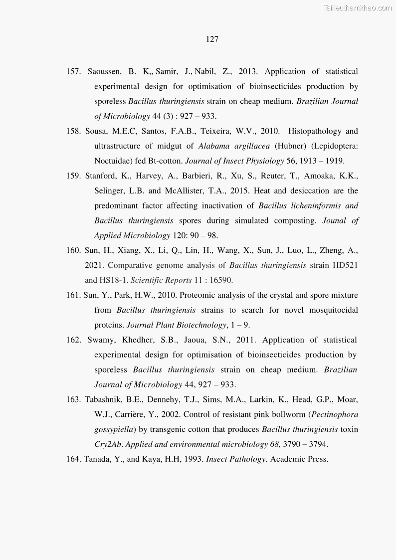 Luận án tiến sĩ bảo vệ thực vật Nghiên cứu sự đa dạng và độc tính của vi khuẩn Bacillus thuringiensis var. kurstaki trên sâu ăn lá hại rau ở Việt Nam - 13 Trang 153