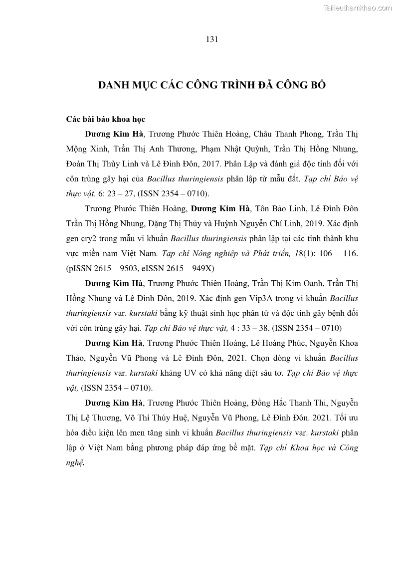 Luận án tiến sĩ bảo vệ thực vật Nghiên cứu sự đa dạng và độc tính của vi khuẩn Bacillus thuringiensis var. kurstaki trên sâu ăn lá hại rau ở Việt Nam - 14 Trang 157