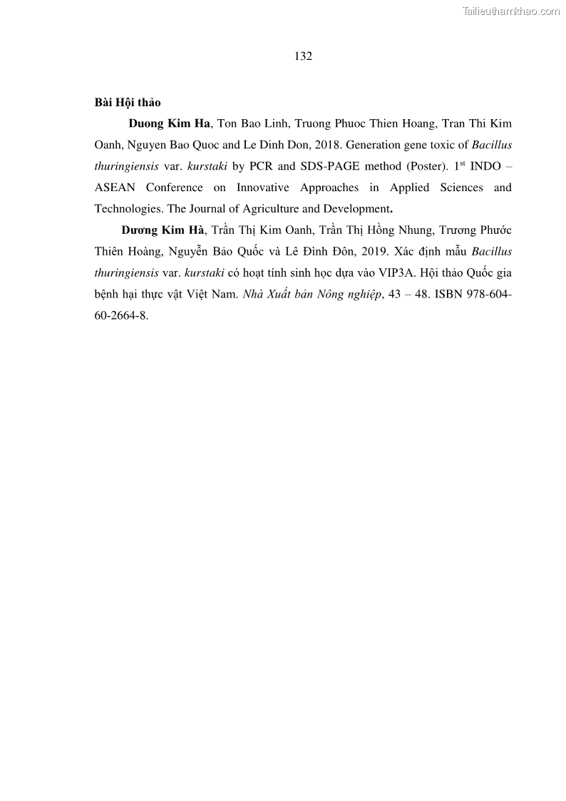 Luận án tiến sĩ bảo vệ thực vật Nghiên cứu sự đa dạng và độc tính của vi khuẩn Bacillus thuringiensis var. kurstaki trên sâu ăn lá hại rau ở Việt Nam - 14 Trang 158