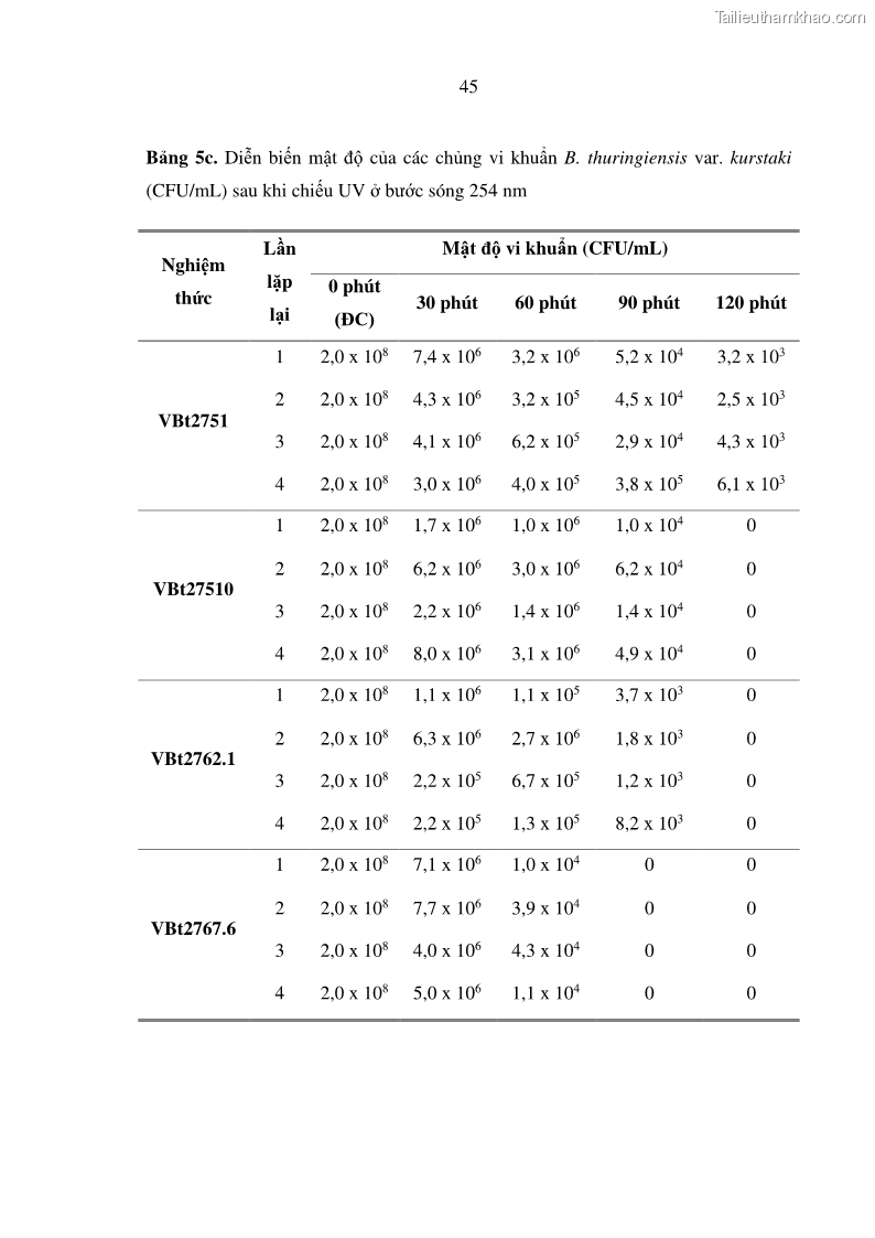 Luận án tiến sĩ bảo vệ thực vật Nghiên cứu sự đa dạng và độc tính của vi khuẩn Bacillus thuringiensis var. kurstaki trên sâu ăn lá hại rau ở Việt Nam - 17 Trang 203