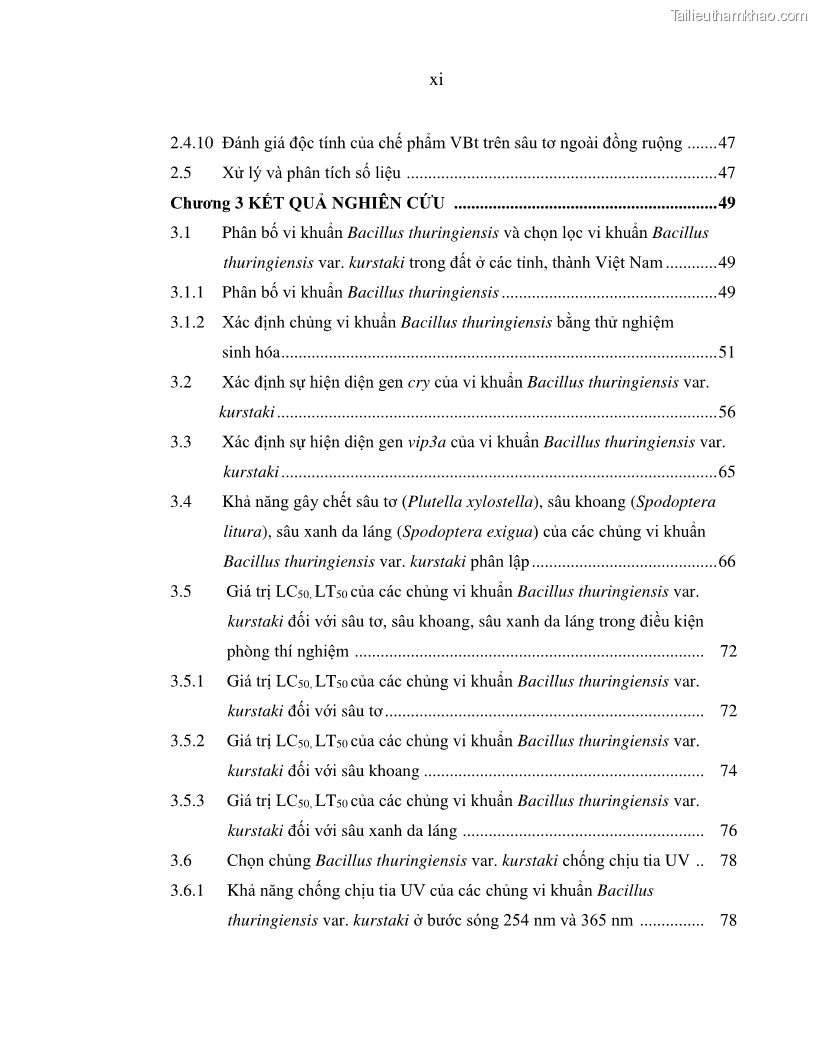 Luận án tiến sĩ bảo vệ thực vật Nghiên cứu sự đa dạng và độc tính của vi khuẩn Bacillus thuringiensis var. kurstaki trên sâu ăn lá hại rau ở Việt Nam - 2 Trang 13