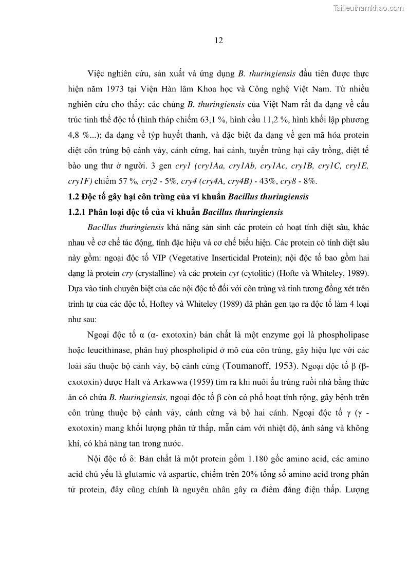 Luận án tiến sĩ bảo vệ thực vật Nghiên cứu sự đa dạng và độc tính của vi khuẩn Bacillus thuringiensis var. kurstaki trên sâu ăn lá hại rau ở Việt Nam - 4 Trang 38