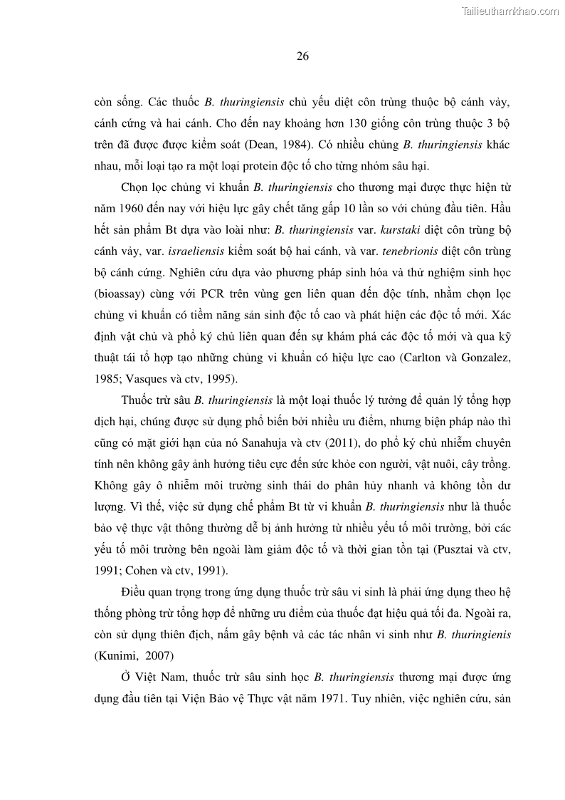 Luận án tiến sĩ bảo vệ thực vật Nghiên cứu sự đa dạng và độc tính của vi khuẩn Bacillus thuringiensis var. kurstaki trên sâu ăn lá hại rau ở Việt Nam - 5 Trang 52