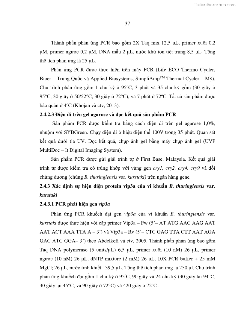 Luận án tiến sĩ bảo vệ thực vật Nghiên cứu sự đa dạng và độc tính của vi khuẩn Bacillus thuringiensis var. kurstaki trên sâu ăn lá hại rau ở Việt Nam - 6 Trang 63