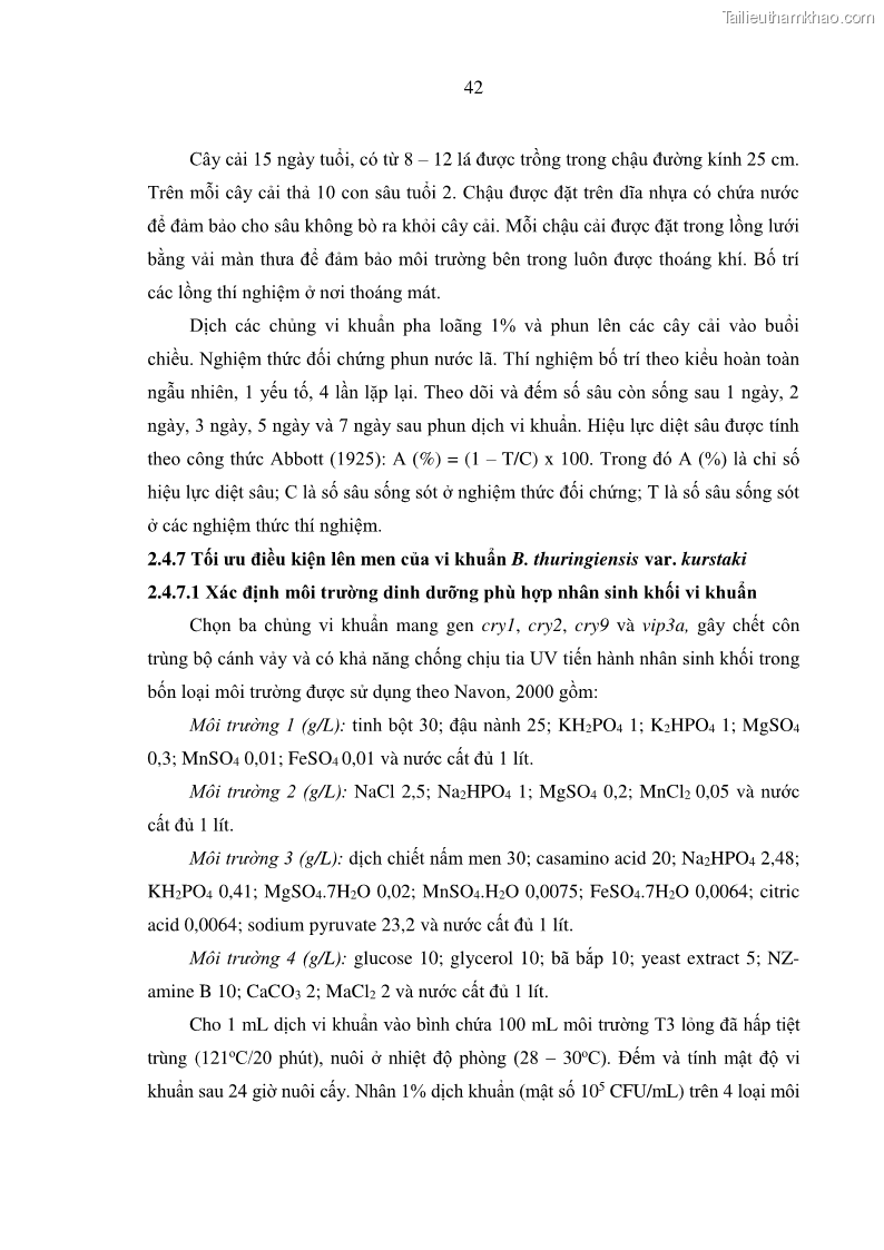 Luận án tiến sĩ bảo vệ thực vật Nghiên cứu sự đa dạng và độc tính của vi khuẩn Bacillus thuringiensis var. kurstaki trên sâu ăn lá hại rau ở Việt Nam - 6 Trang 68