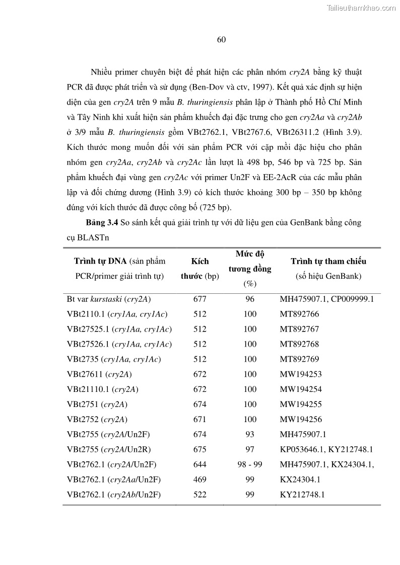 Luận án tiến sĩ bảo vệ thực vật Nghiên cứu sự đa dạng và độc tính của vi khuẩn Bacillus thuringiensis var. kurstaki trên sâu ăn lá hại rau ở Việt Nam - 8 Trang 86