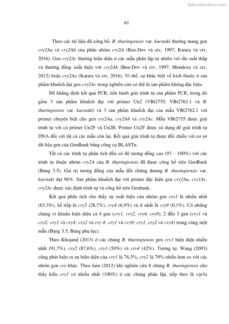 Luận án tiến sĩ bảo vệ thực vật Nghiên cứu sự đa dạng và độc tính của vi khuẩn Bacillus thuringiensis var. kurstaki trên sâu ăn lá hại rau ở Việt Nam - 8 Trang 87