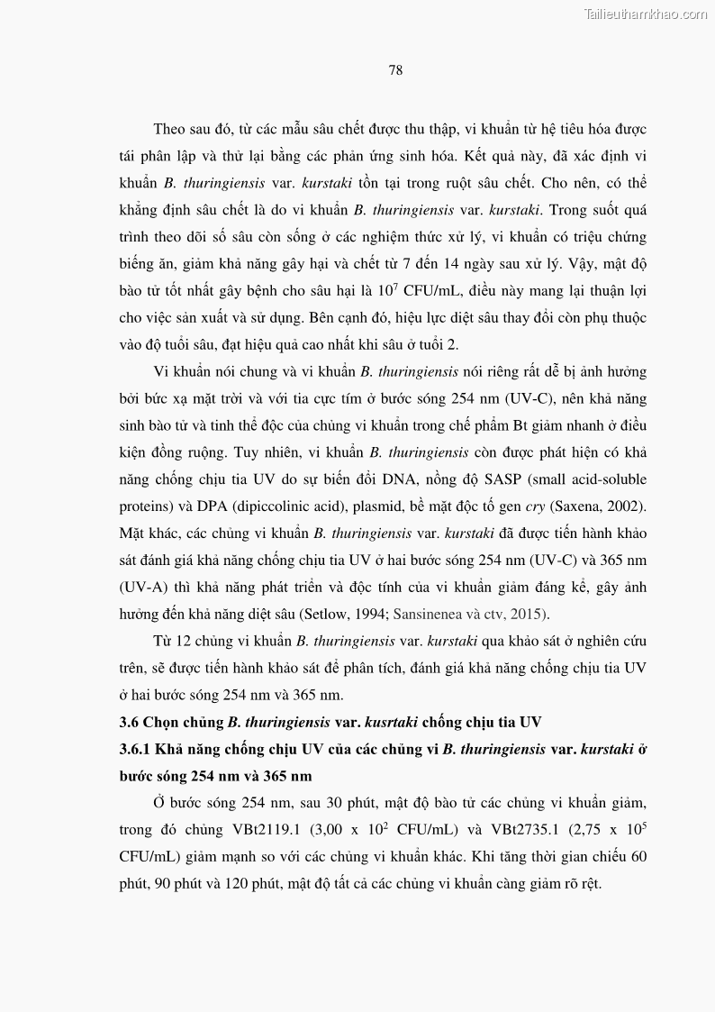Luận án tiến sĩ bảo vệ thực vật Nghiên cứu sự đa dạng và độc tính của vi khuẩn Bacillus thuringiensis var. kurstaki trên sâu ăn lá hại rau ở Việt Nam - 9 Trang 104