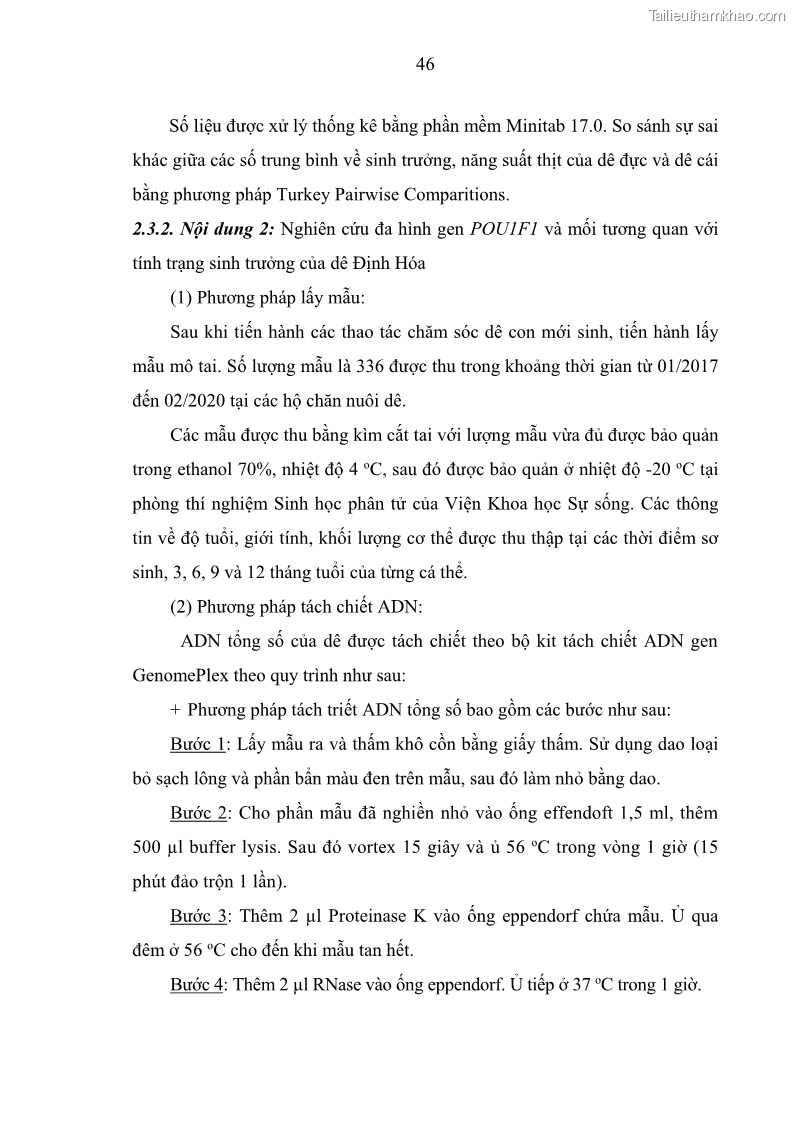 Luận án tiến sĩ chăn nuôi Đặc điểm sinh trưởng và mối tương quan đa hình gen POU1F1 với tính trạng sinh trưởng của dê địa phương Định Hóa - 5 Trang 59