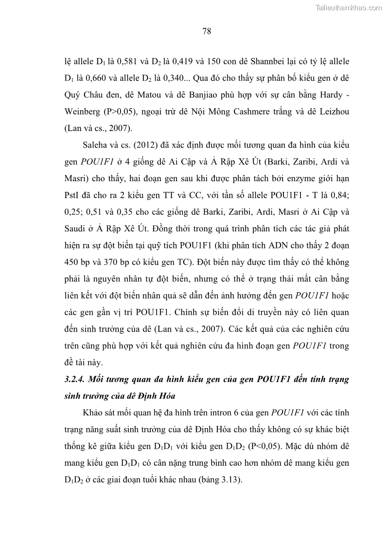 Luận án tiến sĩ chăn nuôi Đặc điểm sinh trưởng và mối tương quan đa hình gen POU1F1 với tính trạng sinh trưởng của dê địa phương Định Hóa - 8 Trang 91