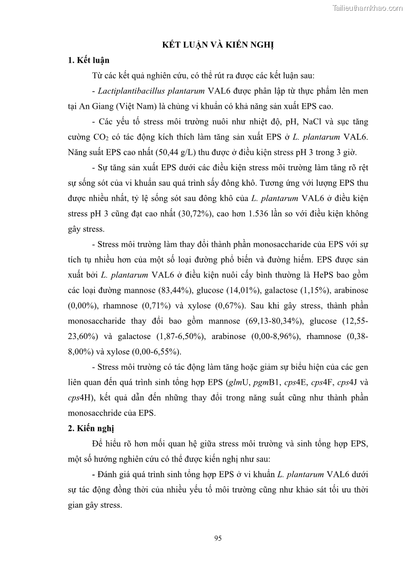 Luận án tiến sĩ công nghệ sinh học Nghiên cứu các điều kiện stress môi trường đến khả năng tổng hợp exopolysaccharides của vi khuẩn Lactobacillus plantarum - 10 Trang 111