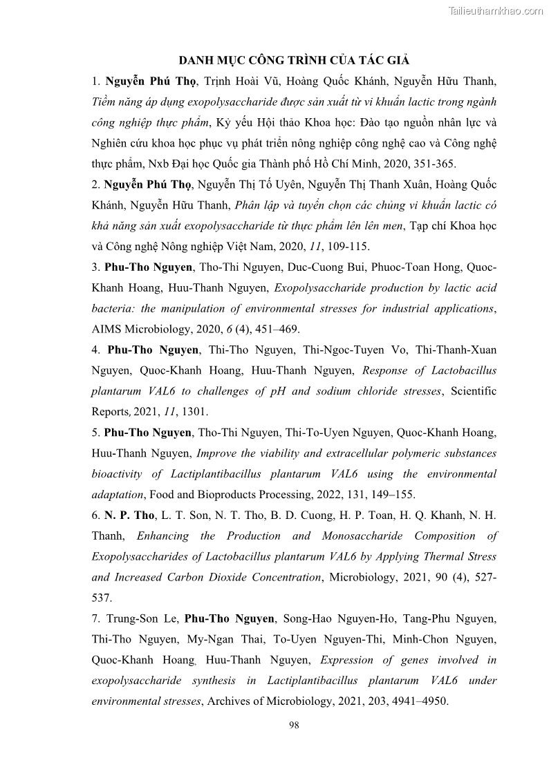 Luận án tiến sĩ công nghệ sinh học Nghiên cứu các điều kiện stress môi trường đến khả năng tổng hợp exopolysaccharides của vi khuẩn Lactobacillus plantarum - 10 Trang 114