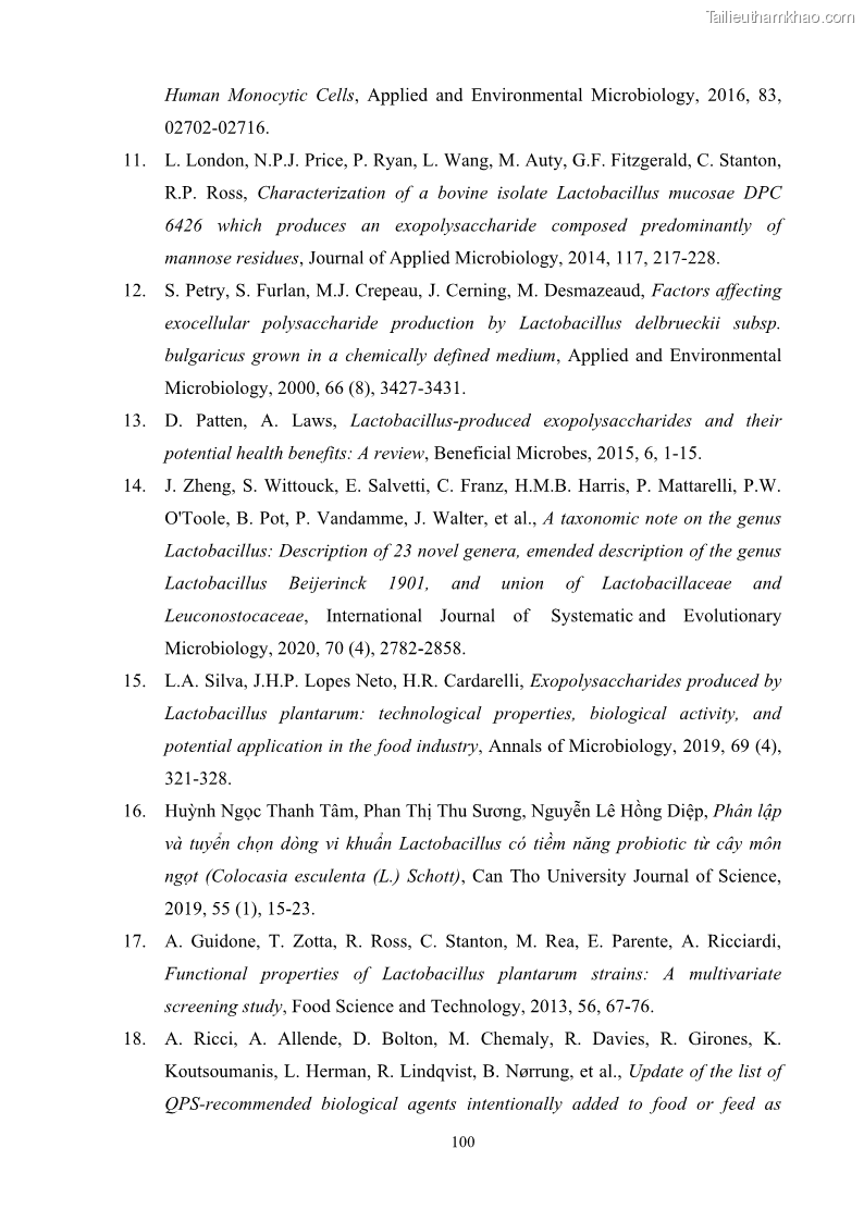 Luận án tiến sĩ công nghệ sinh học Nghiên cứu các điều kiện stress môi trường đến khả năng tổng hợp exopolysaccharides của vi khuẩn Lactobacillus plantarum - 10 Trang 116