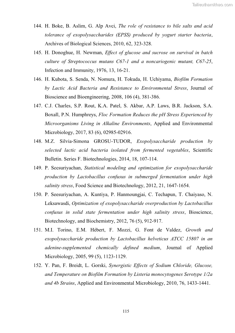 Luận án tiến sĩ công nghệ sinh học Nghiên cứu các điều kiện stress môi trường đến khả năng tổng hợp exopolysaccharides của vi khuẩn Lactobacillus plantarum - 11 Trang 131