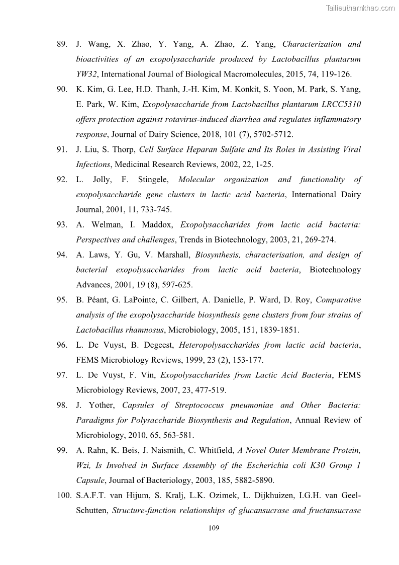 Luận án tiến sĩ công nghệ sinh học Nghiên cứu các điều kiện stress môi trường đến khả năng tổng hợp exopolysaccharides của vi khuẩn Lactobacillus plantarum - 11 Trang 125