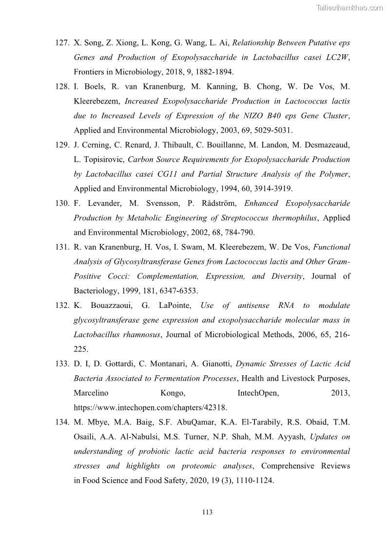 Luận án tiến sĩ công nghệ sinh học Nghiên cứu các điều kiện stress môi trường đến khả năng tổng hợp exopolysaccharides của vi khuẩn Lactobacillus plantarum - 11 Trang 129