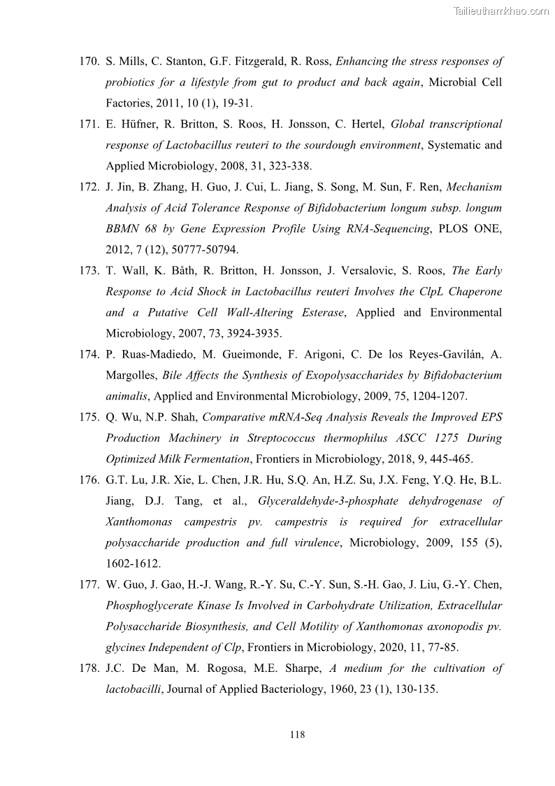 Luận án tiến sĩ công nghệ sinh học Nghiên cứu các điều kiện stress môi trường đến khả năng tổng hợp exopolysaccharides của vi khuẩn Lactobacillus plantarum - 12 Trang 134