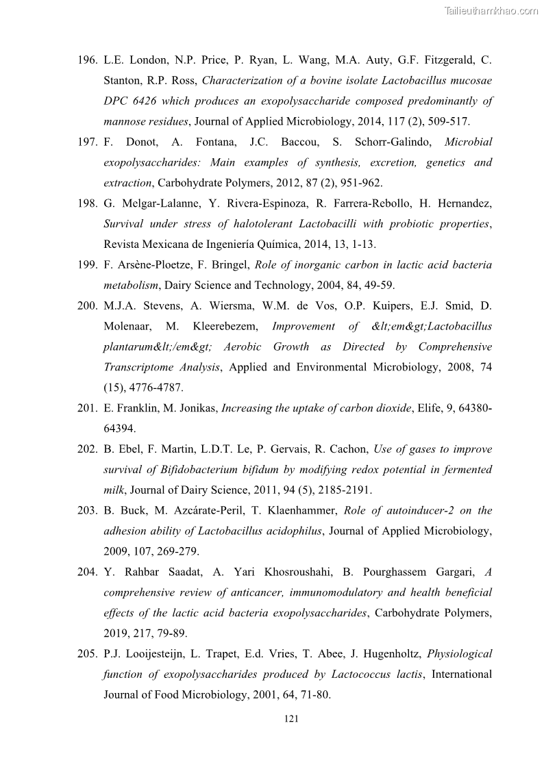 Luận án tiến sĩ công nghệ sinh học Nghiên cứu các điều kiện stress môi trường đến khả năng tổng hợp exopolysaccharides của vi khuẩn Lactobacillus plantarum - 12 Trang 137