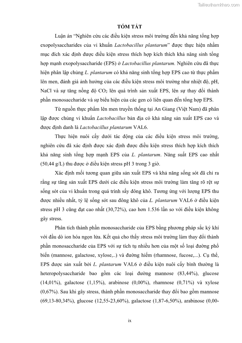Luận án tiến sĩ công nghệ sinh học Nghiên cứu các điều kiện stress môi trường đến khả năng tổng hợp exopolysaccharides của vi khuẩn Lactobacillus plantarum - 2 Trang 13
