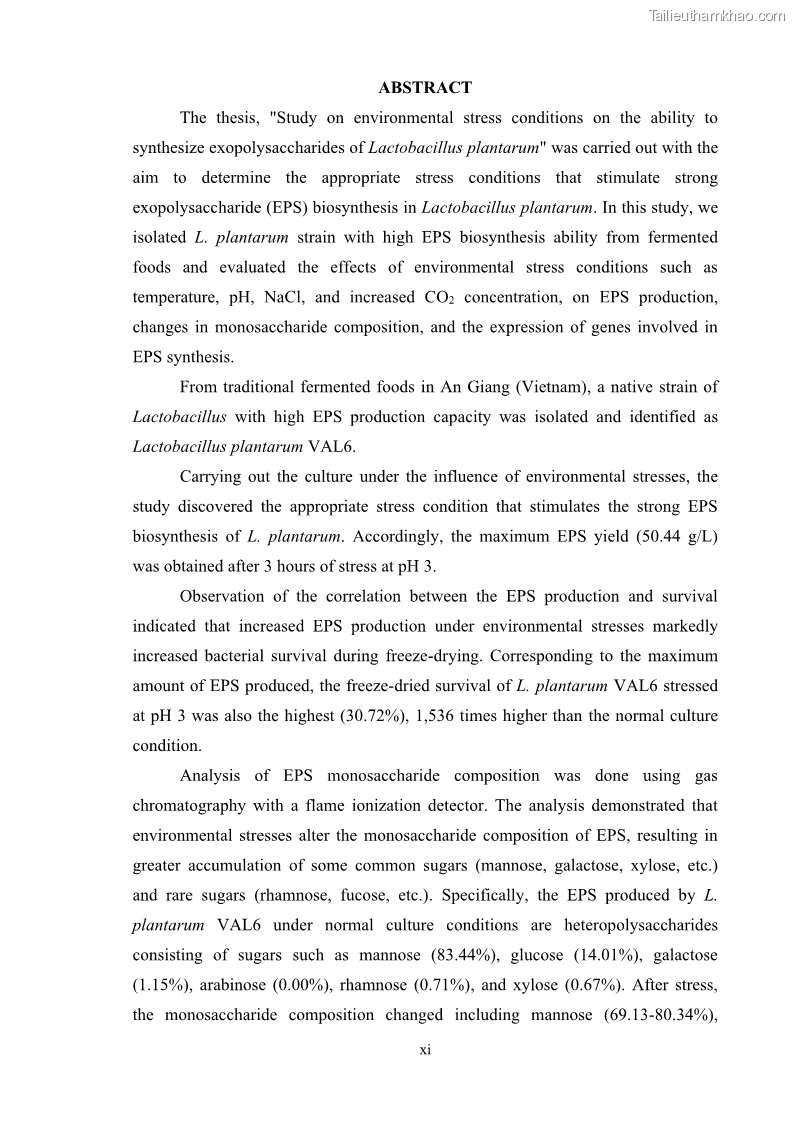 Luận án tiến sĩ công nghệ sinh học Nghiên cứu các điều kiện stress môi trường đến khả năng tổng hợp exopolysaccharides của vi khuẩn Lactobacillus plantarum - 2 Trang 15