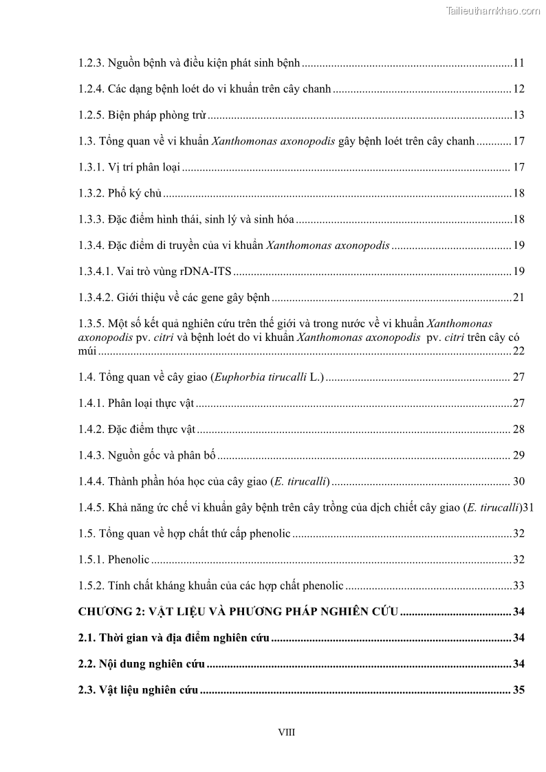 Luận án tiến sĩ công nghệ sinh học Nghiên cứu khả năng ức chế vi khuẩn Xanthomonas sp. gây bệnh loét trên cây chanh của cao chiết phân đoạn từ cây Giao Euphorbia tirucalli L. - 1 Trang 10