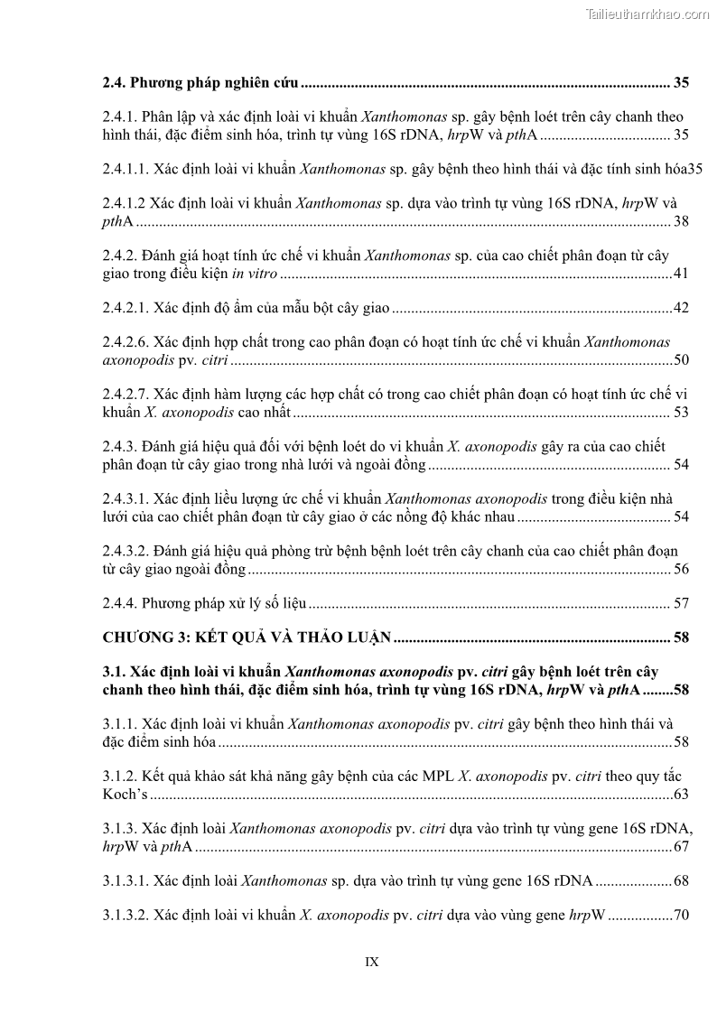 Luận án tiến sĩ công nghệ sinh học Nghiên cứu khả năng ức chế vi khuẩn Xanthomonas sp. gây bệnh loét trên cây chanh của cao chiết phân đoạn từ cây Giao Euphorbia tirucalli L. - 1 Trang 11
