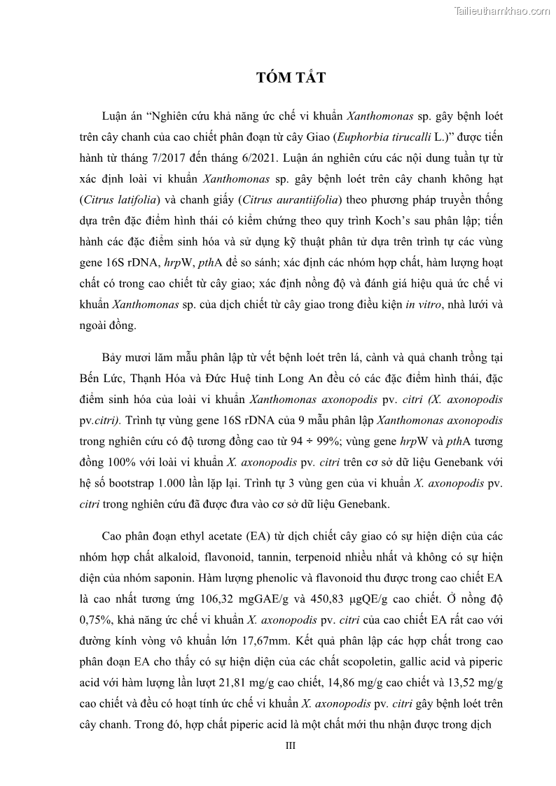 Luận án tiến sĩ công nghệ sinh học Nghiên cứu khả năng ức chế vi khuẩn Xanthomonas sp. gây bệnh loét trên cây chanh của cao chiết phân đoạn từ cây Giao Euphorbia tirucalli L. - 1 Trang 5