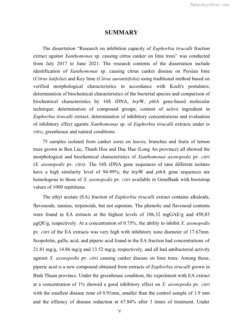 Luận án tiến sĩ công nghệ sinh học Nghiên cứu khả năng ức chế vi khuẩn Xanthomonas sp. gây bệnh loét trên cây chanh của cao chiết phân đoạn từ cây Giao Euphorbia tirucalli L. - 1 Trang 7