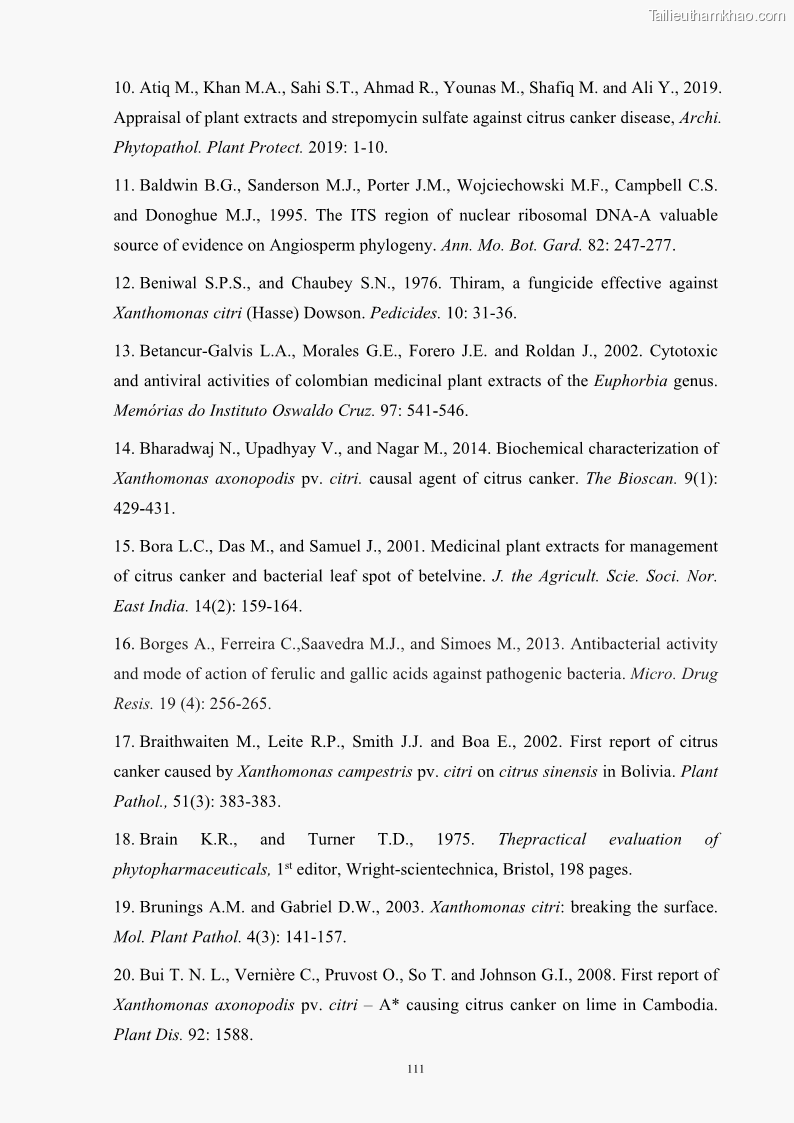 Luận án tiến sĩ công nghệ sinh học Nghiên cứu khả năng ức chế vi khuẩn Xanthomonas sp. gây bệnh loét trên cây chanh của cao chiết phân đoạn từ cây Giao Euphorbia tirucalli L. - 11 Trang 132