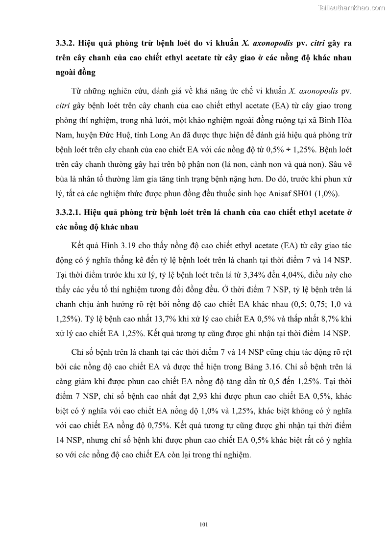Luận án tiến sĩ công nghệ sinh học Nghiên cứu khả năng ức chế vi khuẩn Xanthomonas sp. gây bệnh loét trên cây chanh của cao chiết phân đoạn từ cây Giao Euphorbia tirucalli L. - 11 Trang 122