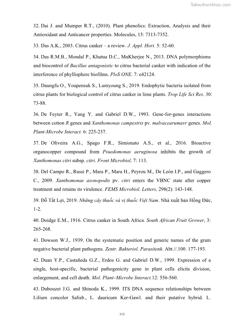 Luận án tiến sĩ công nghệ sinh học Nghiên cứu khả năng ức chế vi khuẩn Xanthomonas sp. gây bệnh loét trên cây chanh của cao chiết phân đoạn từ cây Giao Euphorbia tirucalli L. - 12 Trang 134