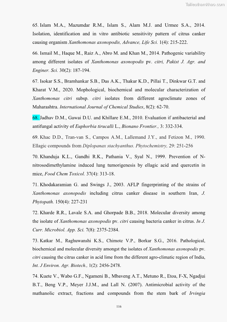 Luận án tiến sĩ công nghệ sinh học Nghiên cứu khả năng ức chế vi khuẩn Xanthomonas sp. gây bệnh loét trên cây chanh của cao chiết phân đoạn từ cây Giao Euphorbia tirucalli L. - 12 Trang 137