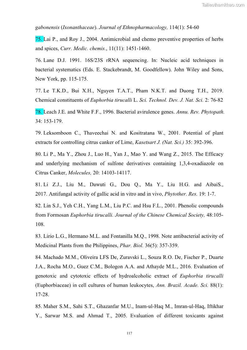 Luận án tiến sĩ công nghệ sinh học Nghiên cứu khả năng ức chế vi khuẩn Xanthomonas sp. gây bệnh loét trên cây chanh của cao chiết phân đoạn từ cây Giao Euphorbia tirucalli L. - 12 Trang 138