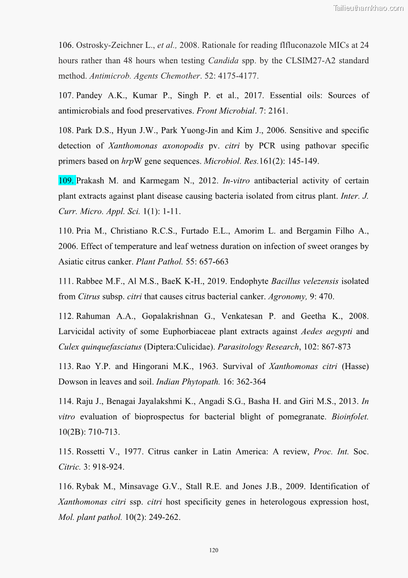 Luận án tiến sĩ công nghệ sinh học Nghiên cứu khả năng ức chế vi khuẩn Xanthomonas sp. gây bệnh loét trên cây chanh của cao chiết phân đoạn từ cây Giao Euphorbia tirucalli L. - 12 Trang 141