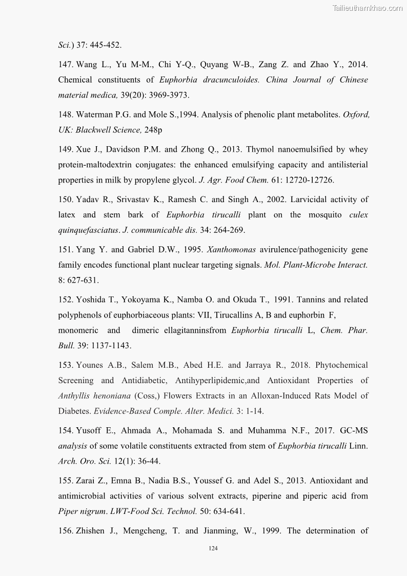 Luận án tiến sĩ công nghệ sinh học Nghiên cứu khả năng ức chế vi khuẩn Xanthomonas sp. gây bệnh loét trên cây chanh của cao chiết phân đoạn từ cây Giao Euphorbia tirucalli L. - 13 Trang 145