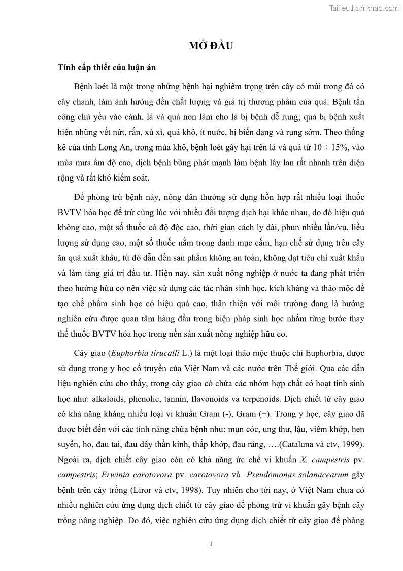 Luận án tiến sĩ công nghệ sinh học Nghiên cứu khả năng ức chế vi khuẩn Xanthomonas sp. gây bệnh loét trên cây chanh của cao chiết phân đoạn từ cây Giao Euphorbia tirucalli L. - 2 Trang 22