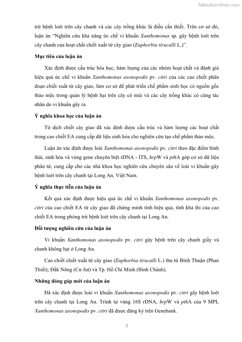 Luận án tiến sĩ công nghệ sinh học Nghiên cứu khả năng ức chế vi khuẩn Xanthomonas sp. gây bệnh loét trên cây chanh của cao chiết phân đoạn từ cây Giao Euphorbia tirucalli L. - 2 Trang 23