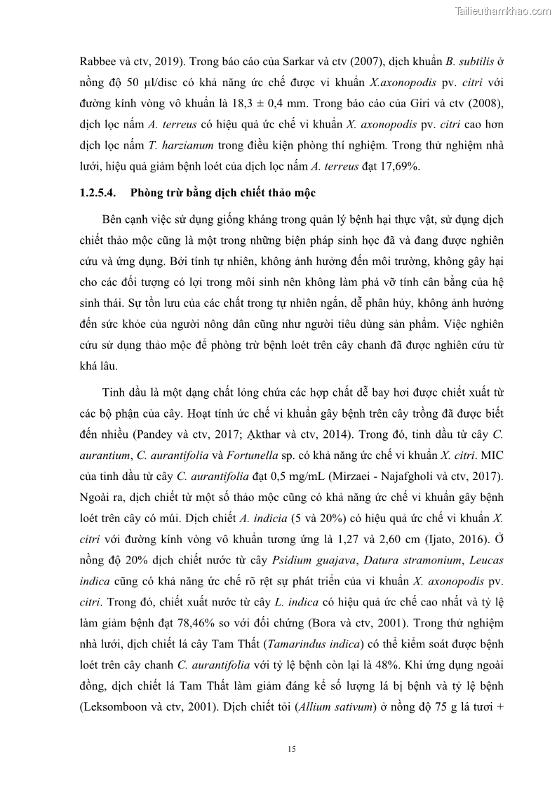 Luận án tiến sĩ công nghệ sinh học Nghiên cứu khả năng ức chế vi khuẩn Xanthomonas sp. gây bệnh loét trên cây chanh của cao chiết phân đoạn từ cây Giao Euphorbia tirucalli L. - 3 Trang 36