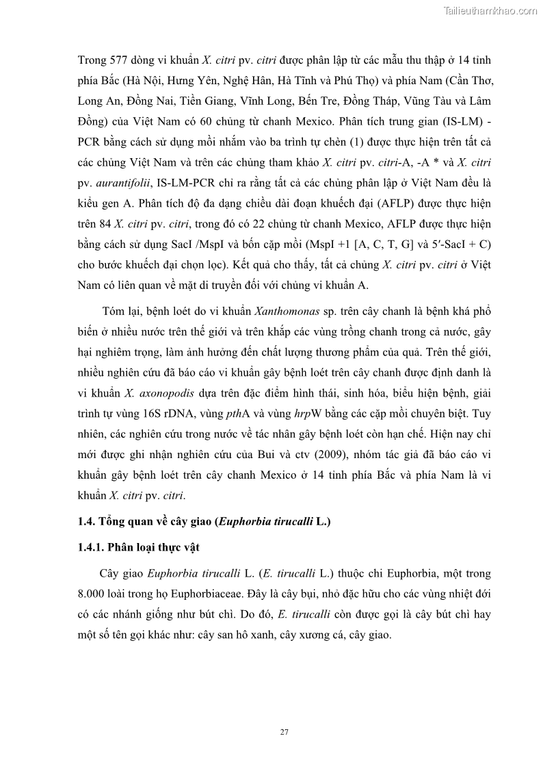 Luận án tiến sĩ công nghệ sinh học Nghiên cứu khả năng ức chế vi khuẩn Xanthomonas sp. gây bệnh loét trên cây chanh của cao chiết phân đoạn từ cây Giao Euphorbia tirucalli L. - 4 Trang 48