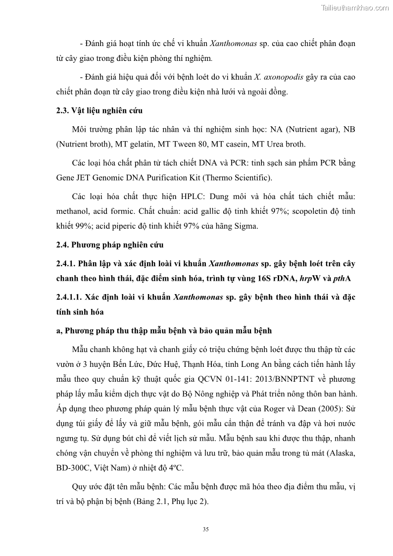 Luận án tiến sĩ công nghệ sinh học Nghiên cứu khả năng ức chế vi khuẩn Xanthomonas sp. gây bệnh loét trên cây chanh của cao chiết phân đoạn từ cây Giao Euphorbia tirucalli L. - 5 Trang 56