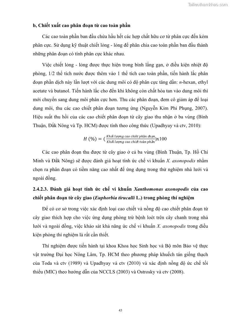 Luận án tiến sĩ công nghệ sinh học Nghiên cứu khả năng ức chế vi khuẩn Xanthomonas sp. gây bệnh loét trên cây chanh của cao chiết phân đoạn từ cây Giao Euphorbia tirucalli L. - 6 Trang 64