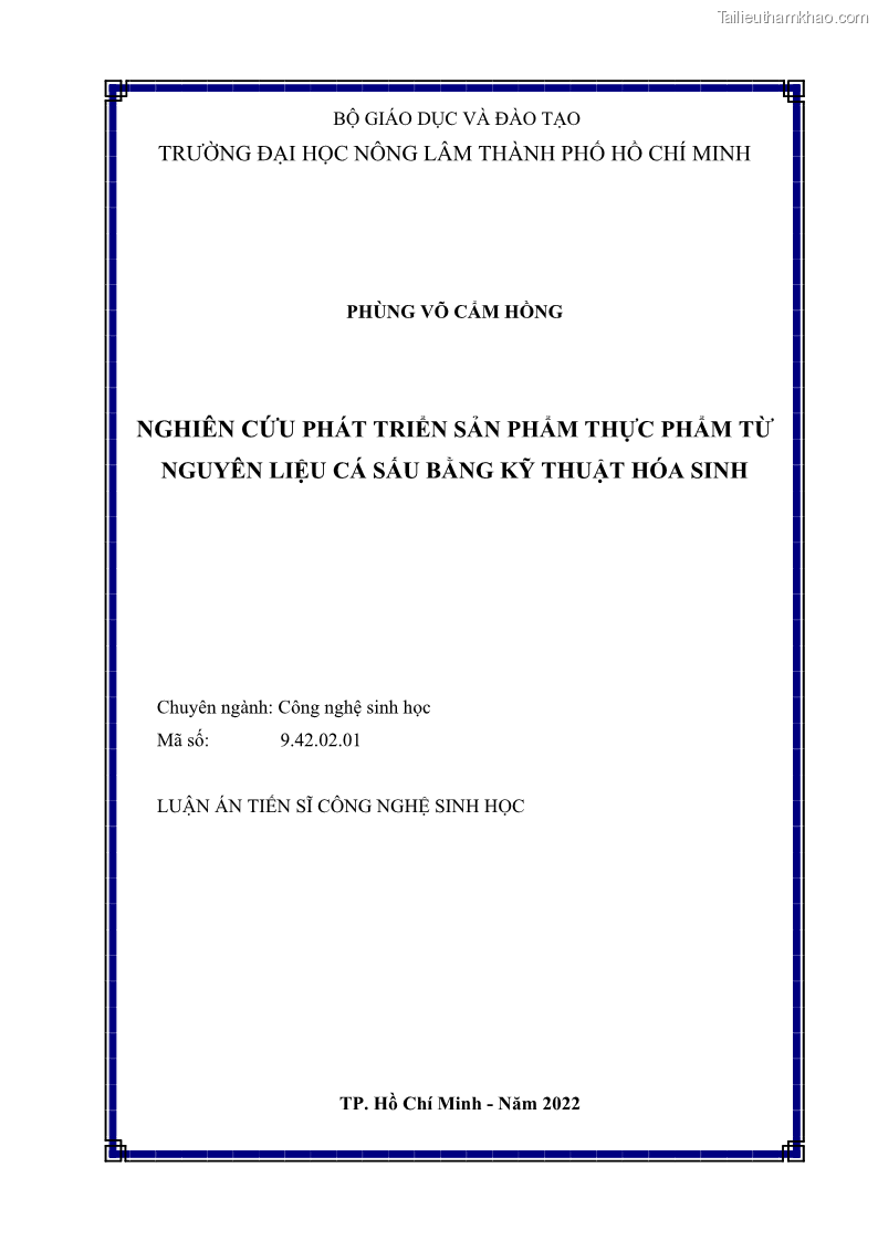 Luận án tiến sĩ công nghệ sinh học Nghiên cứu phát triển sản phẩm thực phẩm từ nguyên liệu cá sấu bằng kỹ thuật hóa sinh - 1 Trang 1