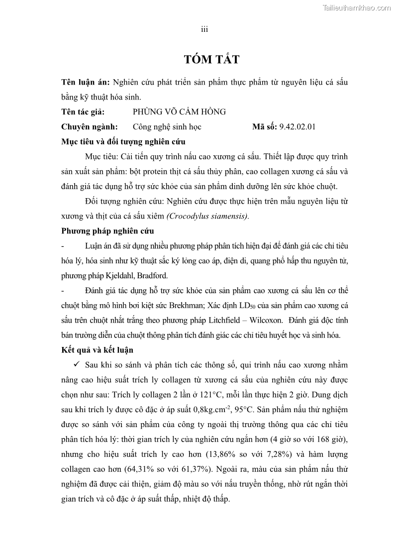 Luận án tiến sĩ công nghệ sinh học Nghiên cứu phát triển sản phẩm thực phẩm từ nguyên liệu cá sấu bằng kỹ thuật hóa sinh - 1 Trang 5