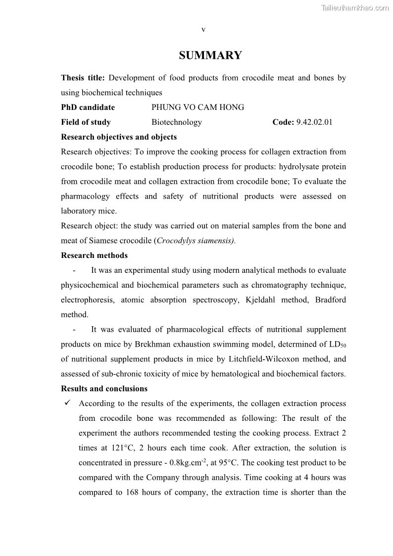 Luận án tiến sĩ công nghệ sinh học Nghiên cứu phát triển sản phẩm thực phẩm từ nguyên liệu cá sấu bằng kỹ thuật hóa sinh - 1 Trang 7